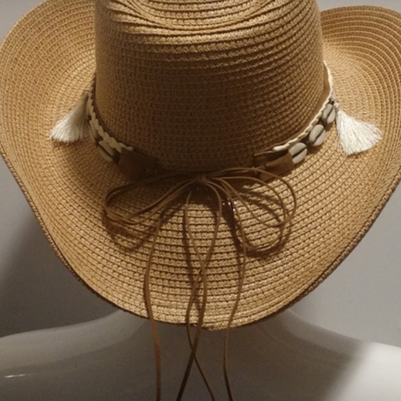 Unisex Western Straw Sun Hat Cowrie Cowry Shells 3.5" Wide Brim Khaki Tan Boho - Picture 8 of 14